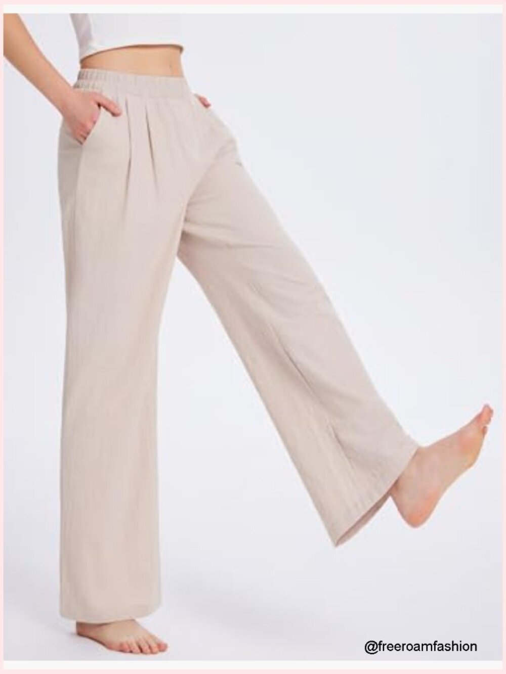Wide Leg Linen Palazzo Pants Elastic Waist Travel Trousers with Pockets - Picture 4 of 6